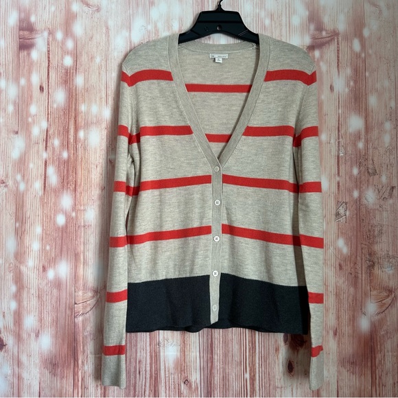 GAP Sweaters - Gap Oatmeal Beige Wool Blend Orange Stripe Gray Colorblock V Neck Cardigan Sz M